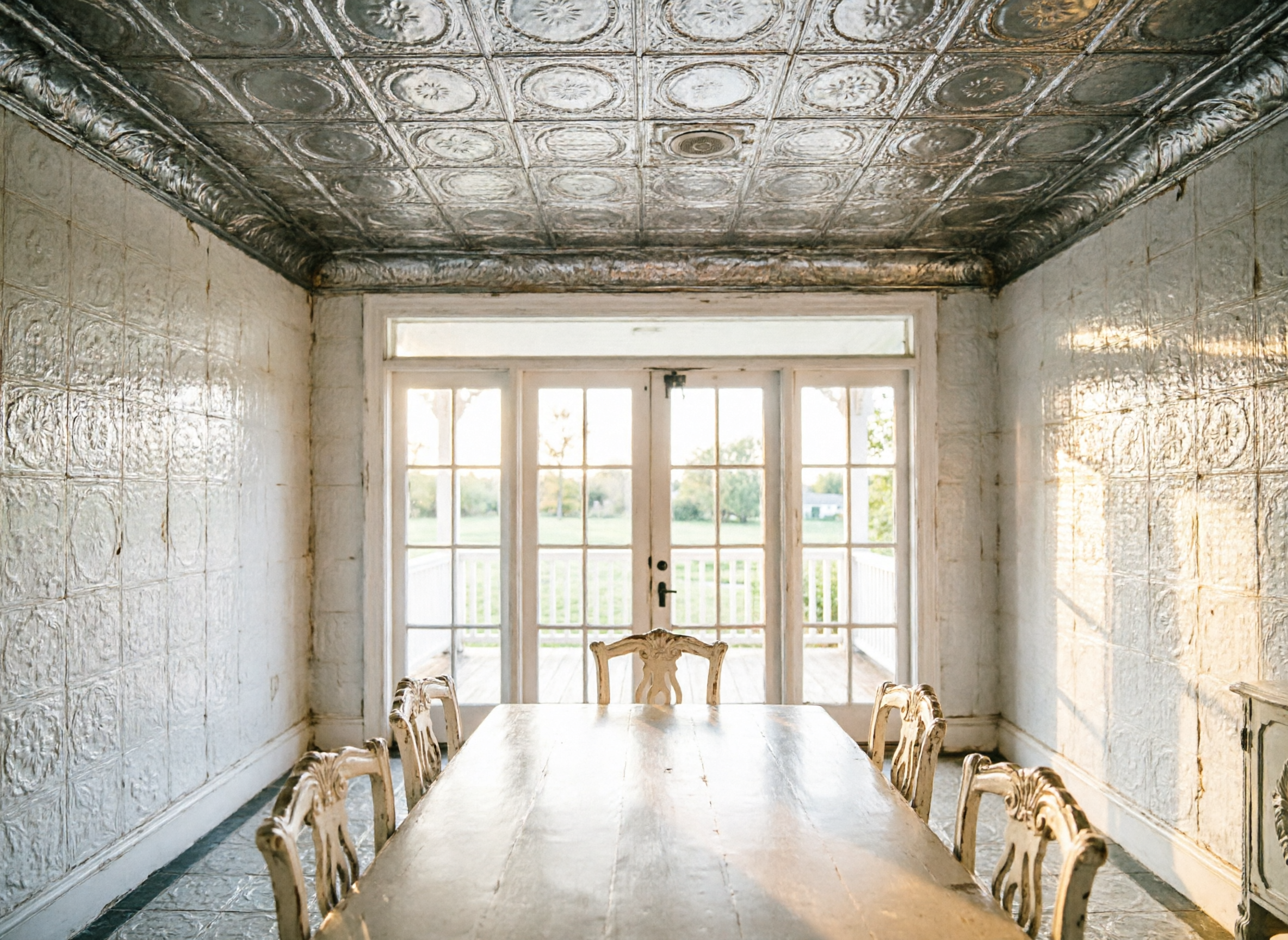 Dining room with textured walls, ceiling, and floor, featuring a long table and chairs.