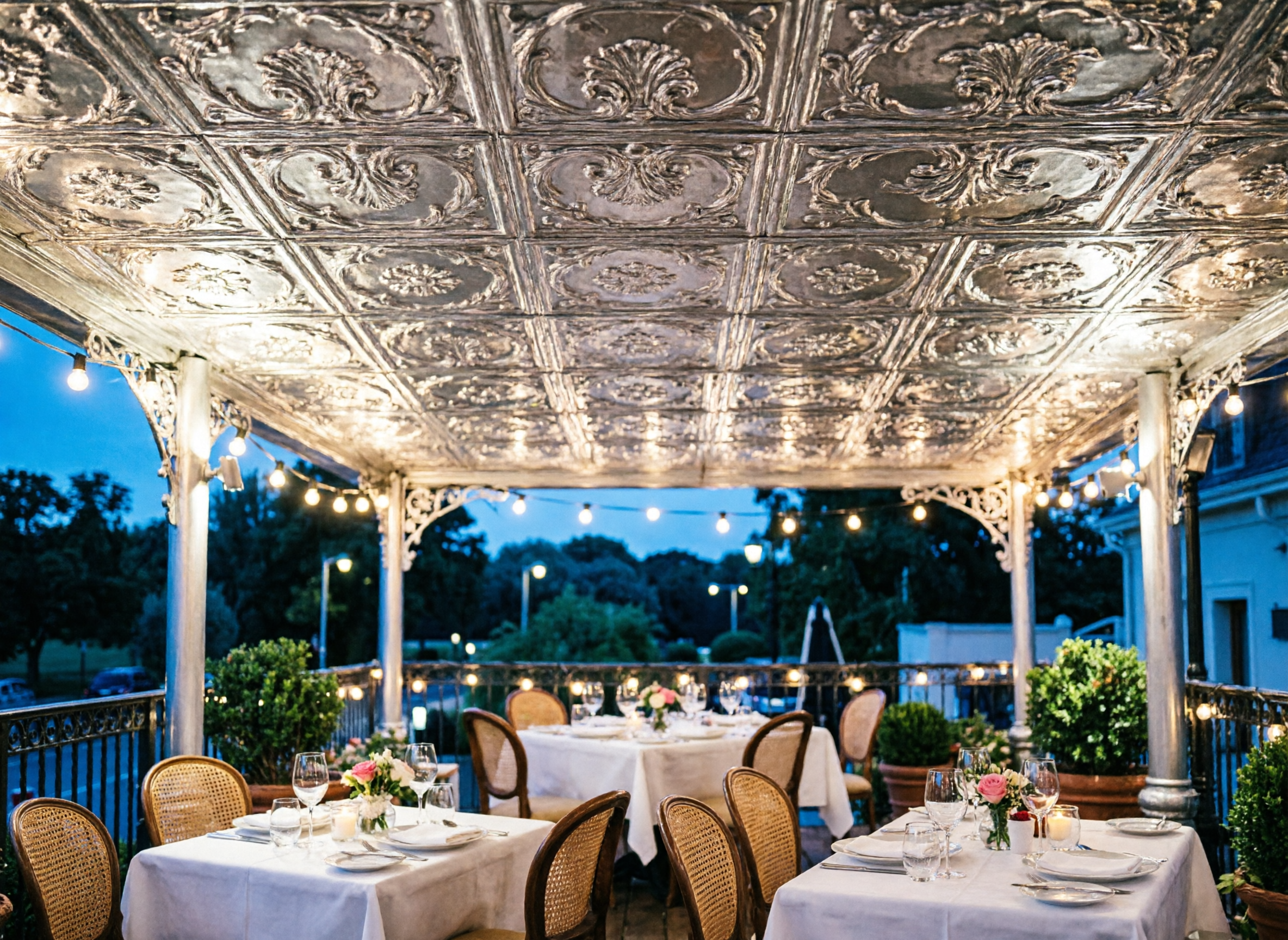 Outdoor dining area with ornate ceiling and string lights, featuring tables set for a meal.
