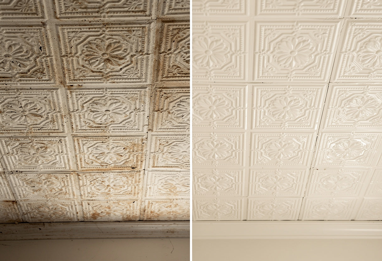 Comparison of a textured ceiling panel on the left and a smooth, white ceiling panel on the right.