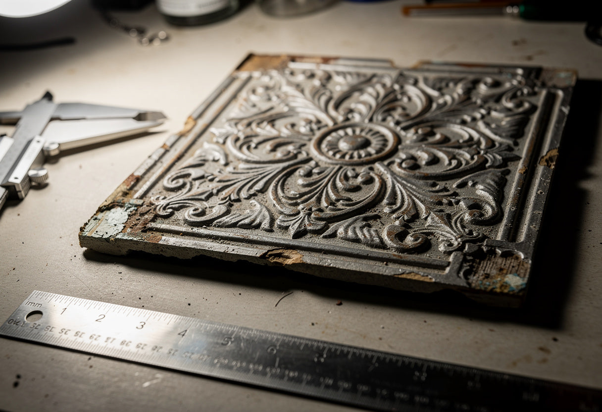 Decorative metal tile with intricate patterns on a workbench with tools and a ruler.