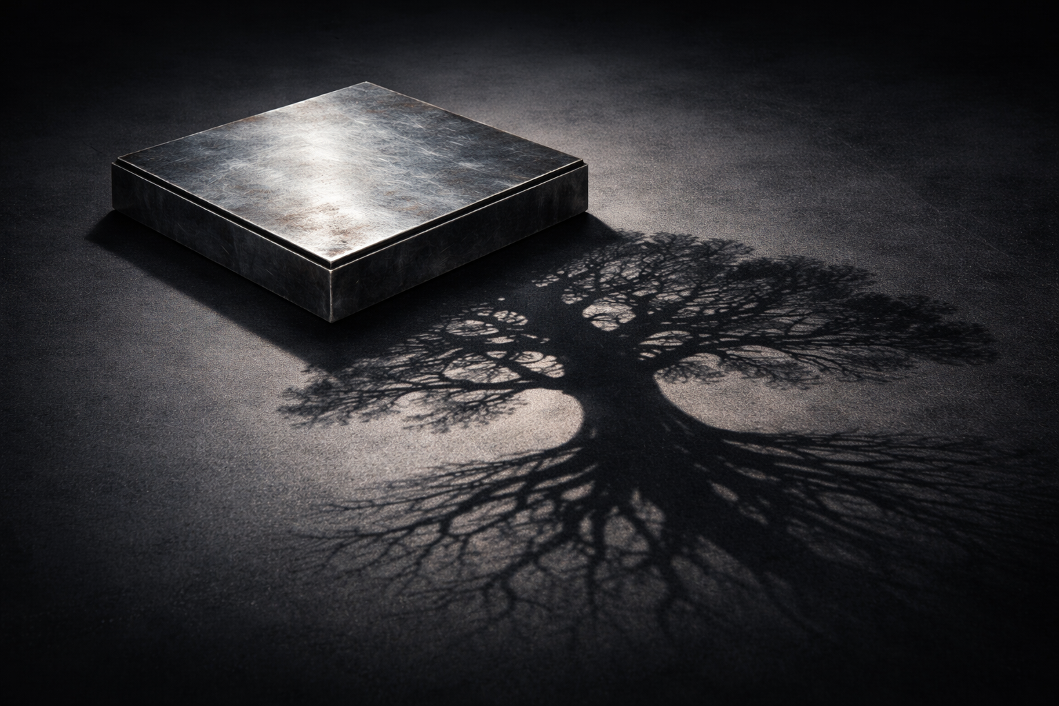 Metallic box casting a tree shadow on a dark surface.