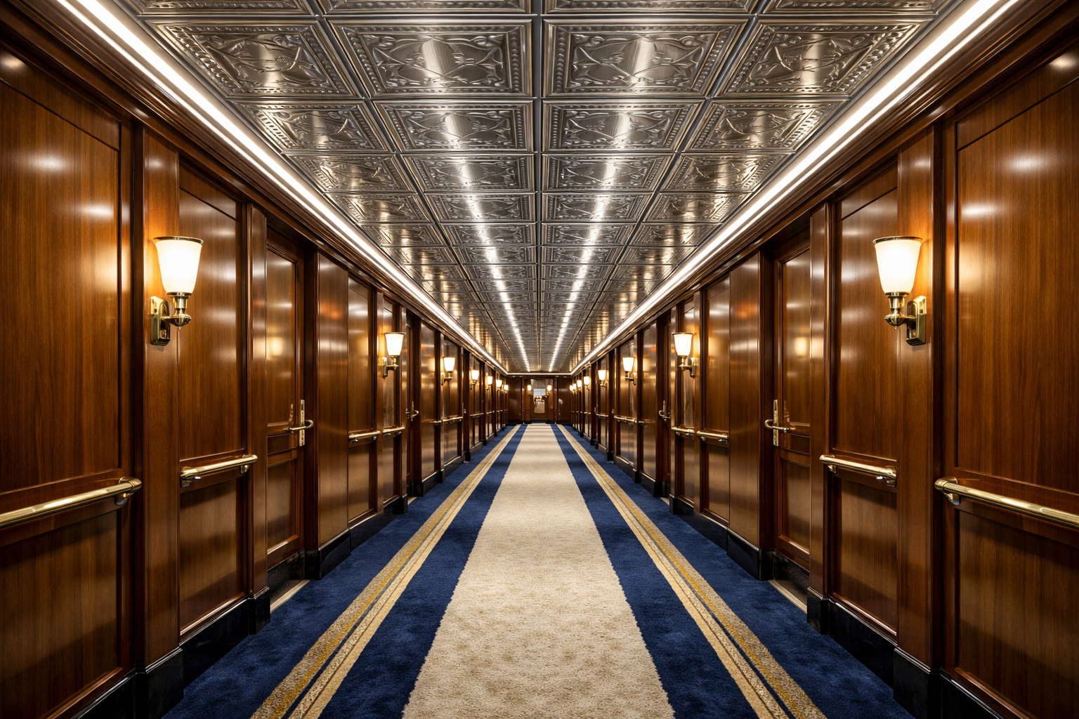 Long hallway with wooden paneling and decorative ceiling lights.