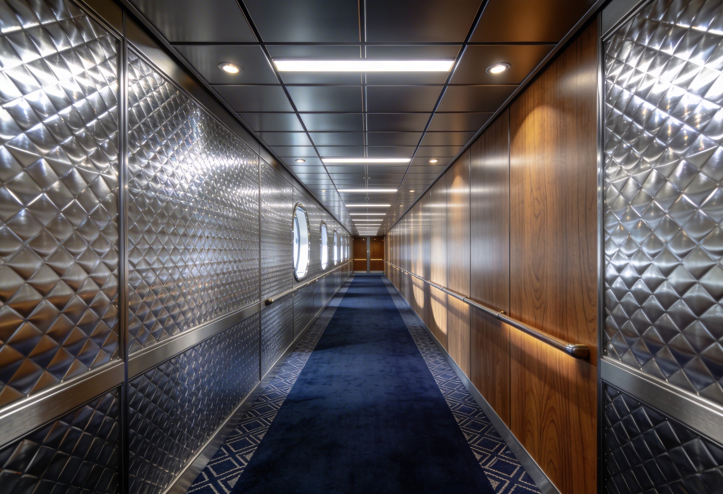 Long hallway with metallic diamond-patterned walls and wooden doors.