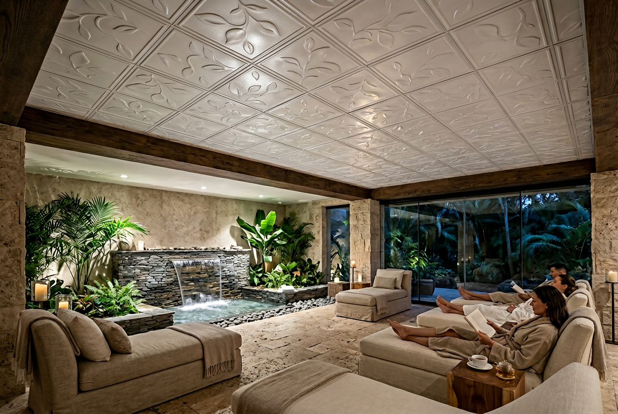 Luxurious indoor lounge area with a pool and decorative ceiling.
