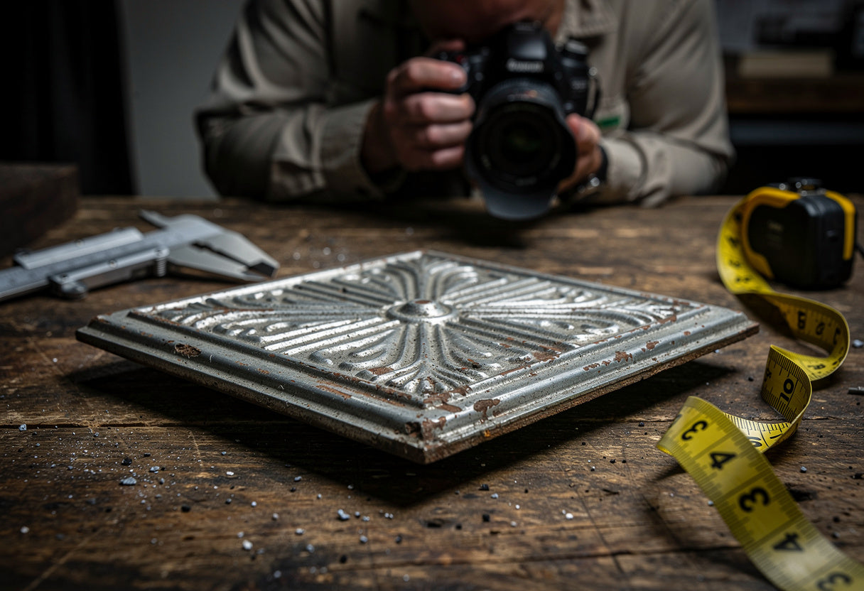 Person holding a camera over an ornate metal plate on a wooden surface with tools around.