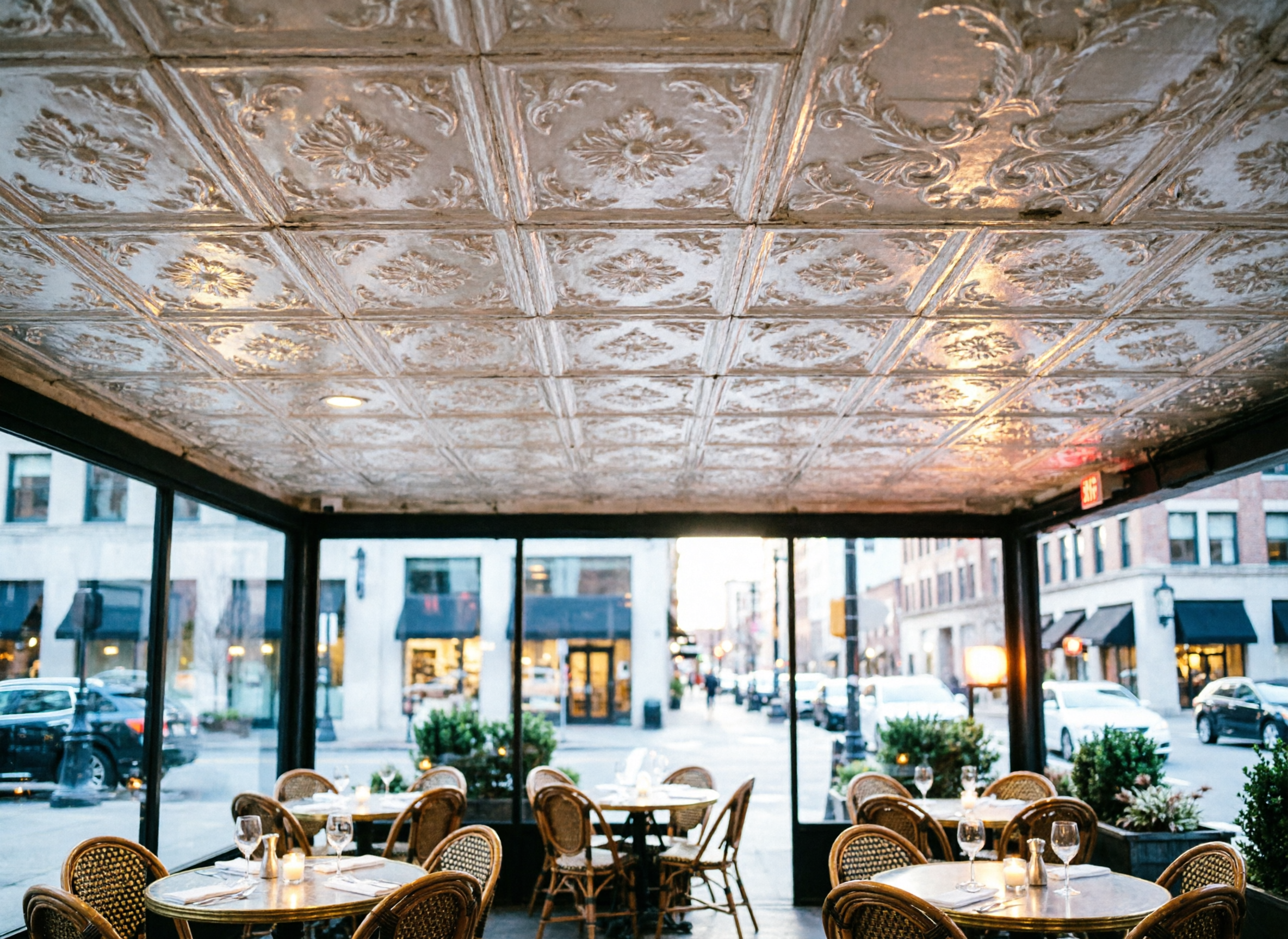 Restaurant interior with ornate ceiling and large windows showing a city street.