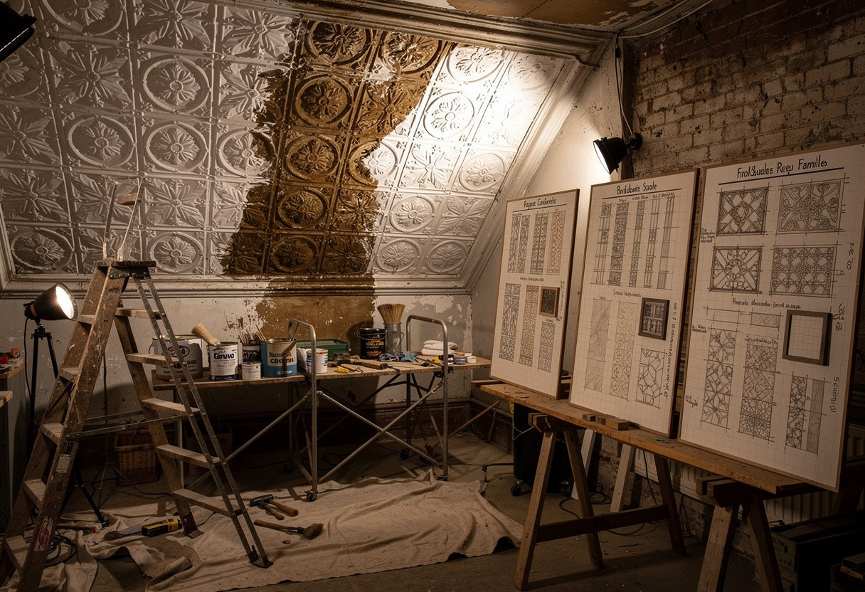 Room with decorative ceiling, workbench, and architectural drawings.