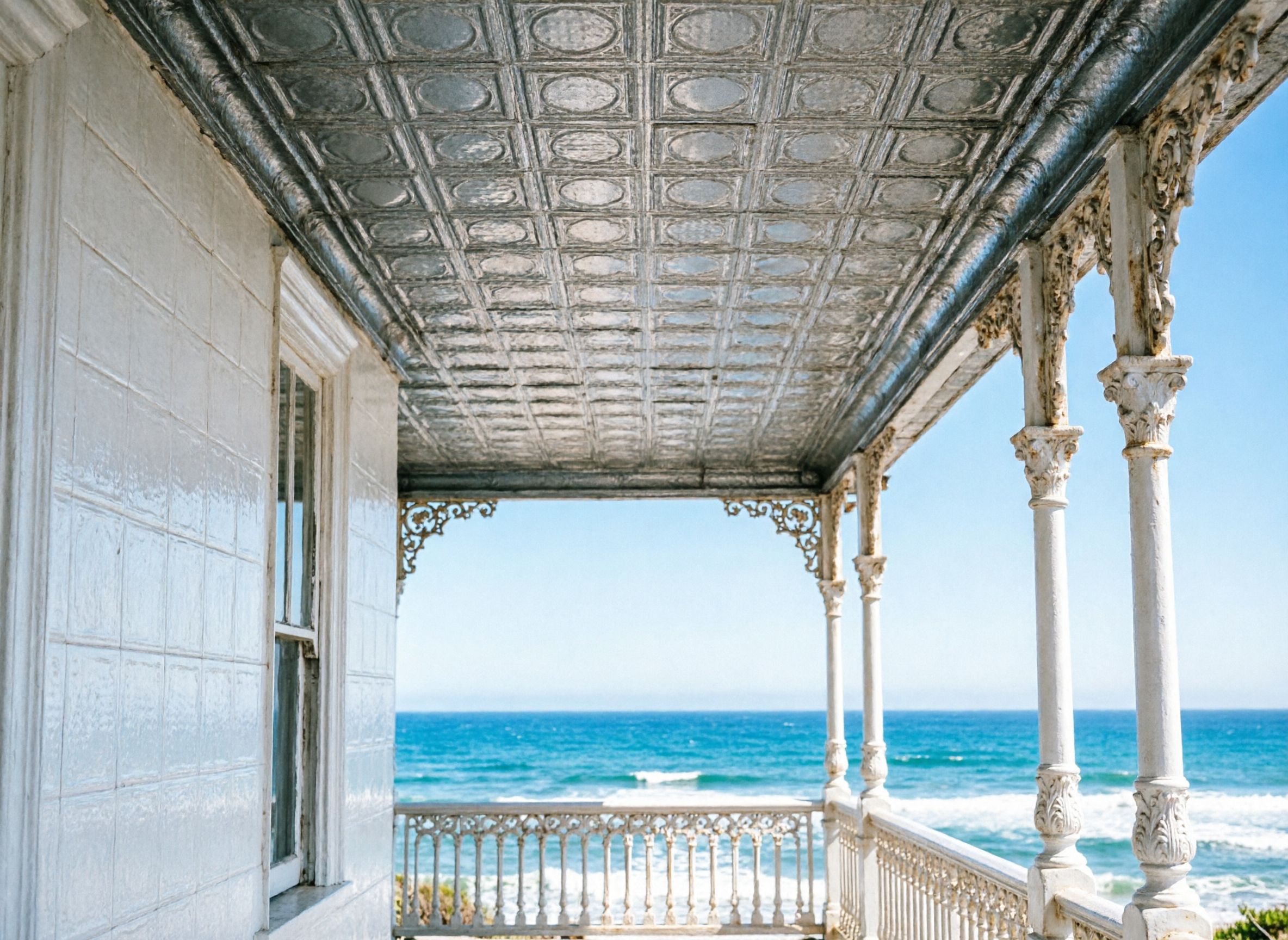 Victorian-style porch with decorative ceiling and ocean view