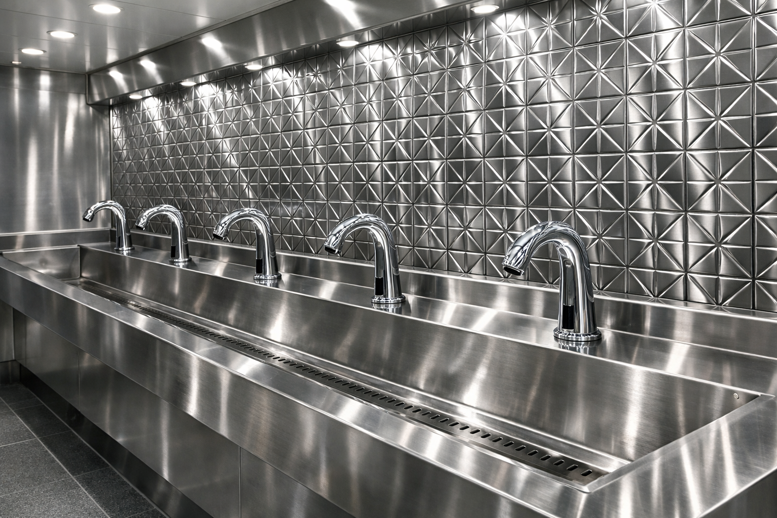 Row of stainless steel sinks with diamond patterned backsplash in a commercial kitchen.
