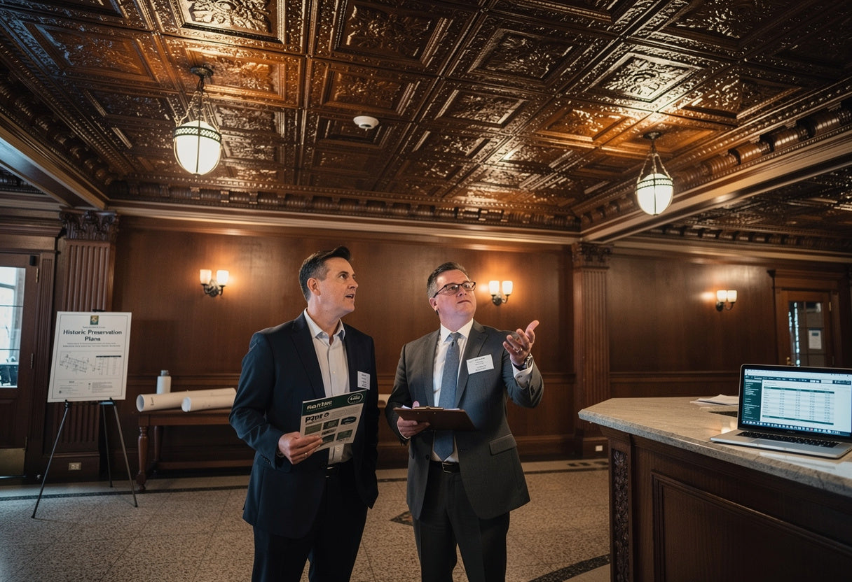 Two men in suits standing in a formal room with wooden ceiling and decor.