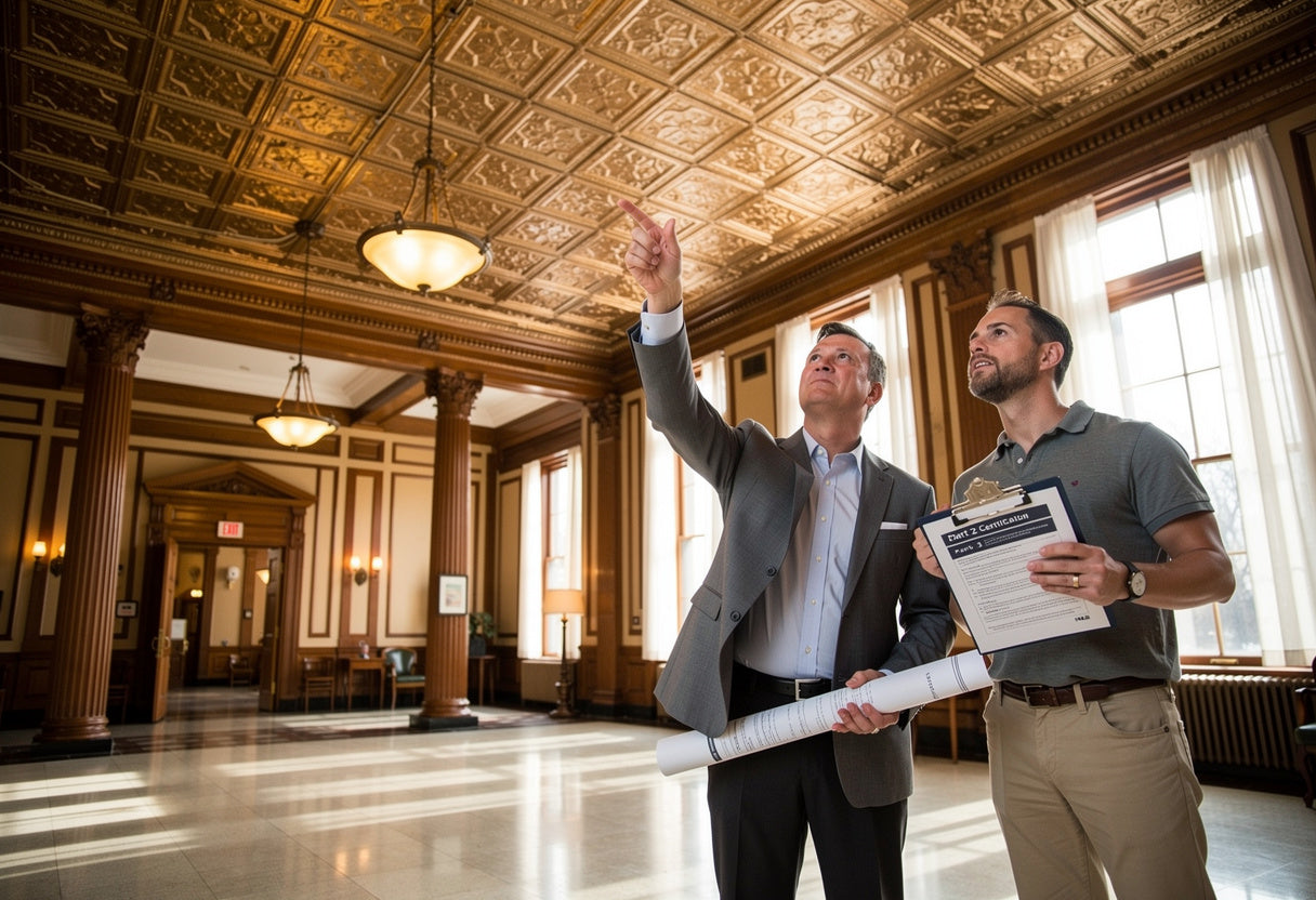 Two men in a large, ornate room with high ceilings and large windows, one holding a rolled-up document.