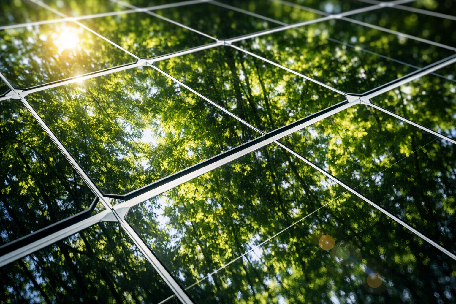 Solar panel with reflection of trees and sunlight.