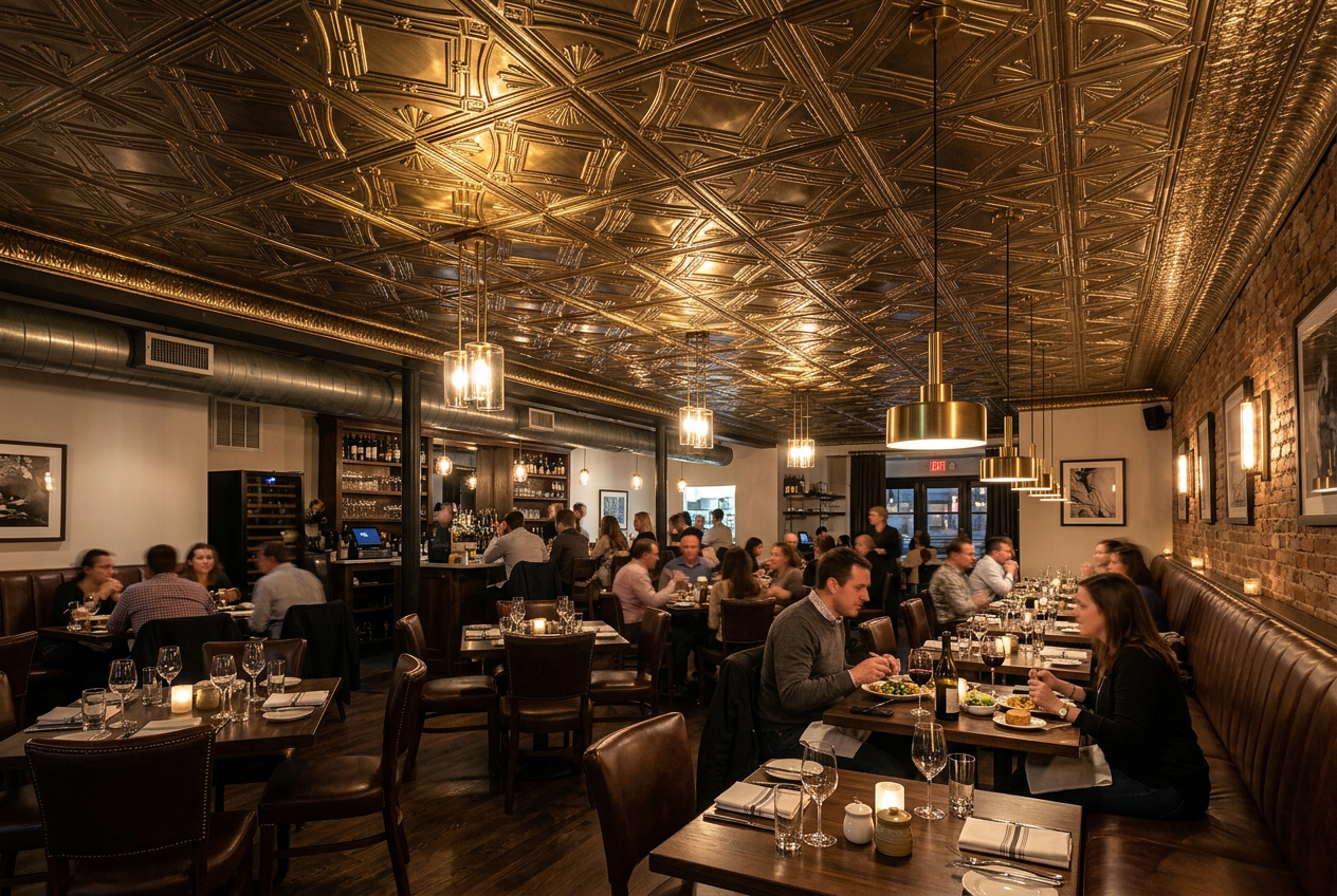 Dining room with ornate ceiling and patrons seated at tables.