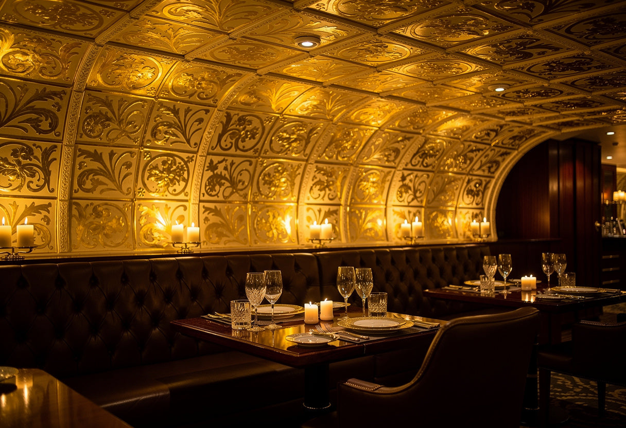 Luxurious restaurant interior with ornate gold ceiling and candlelit tables.