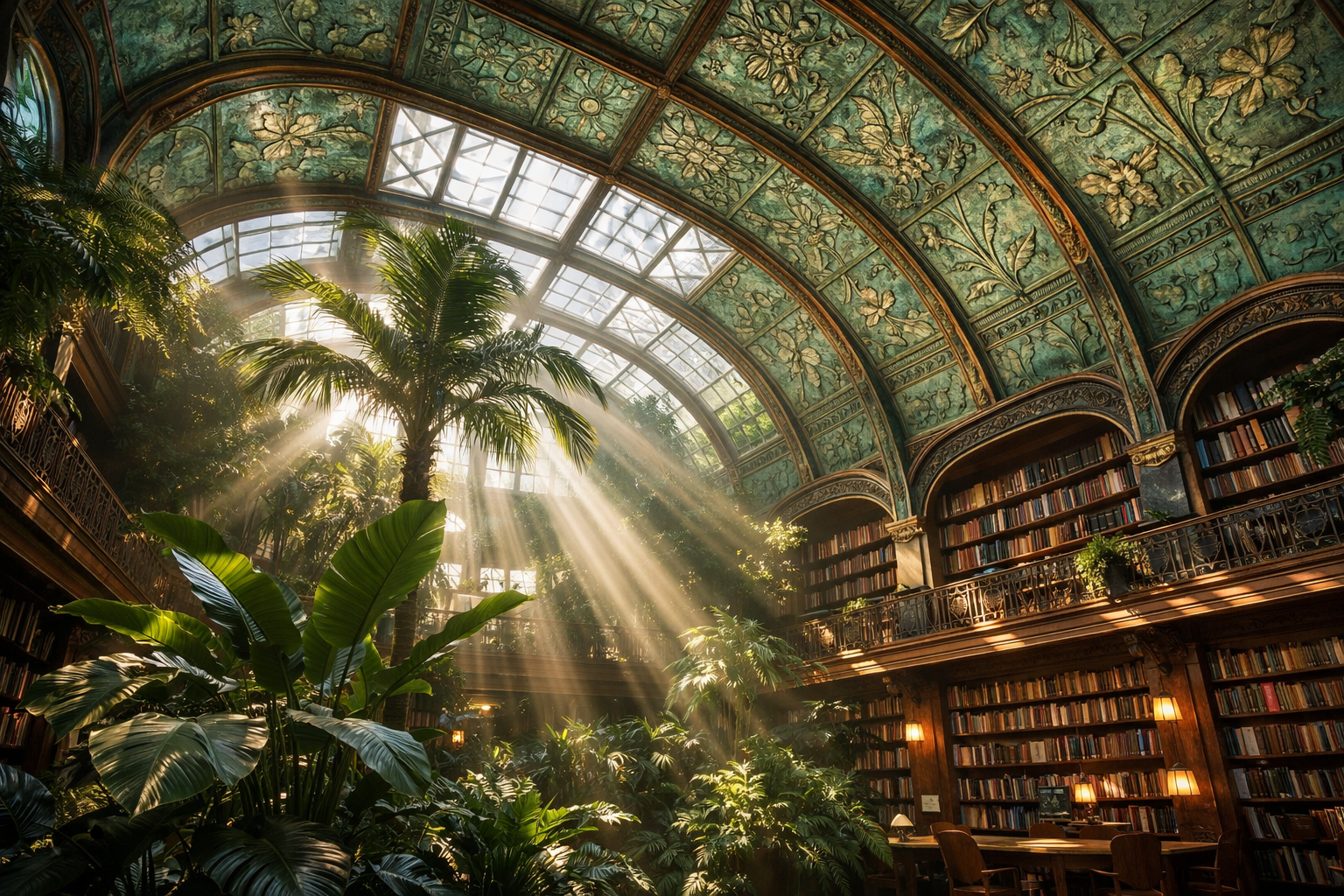 Ornate library with stained glass ceiling.