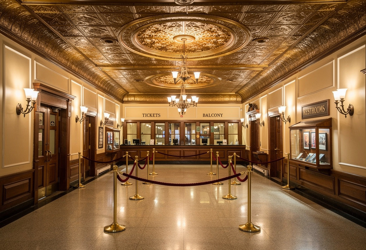 Grand hallway with ornate ceiling and ticket counter.
