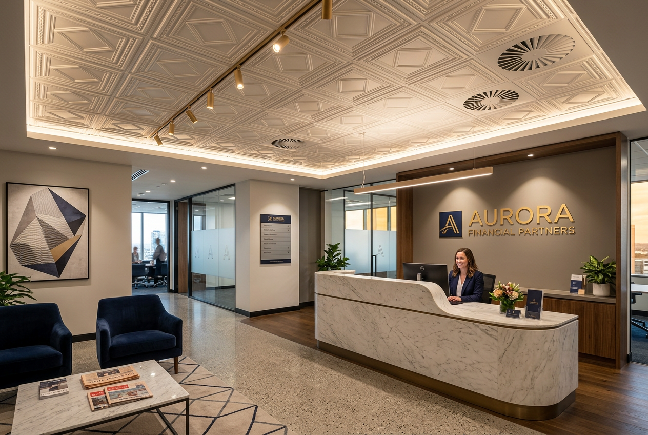 Aurora Financial Partners reception with receptionist beneath decorative ceiling roof