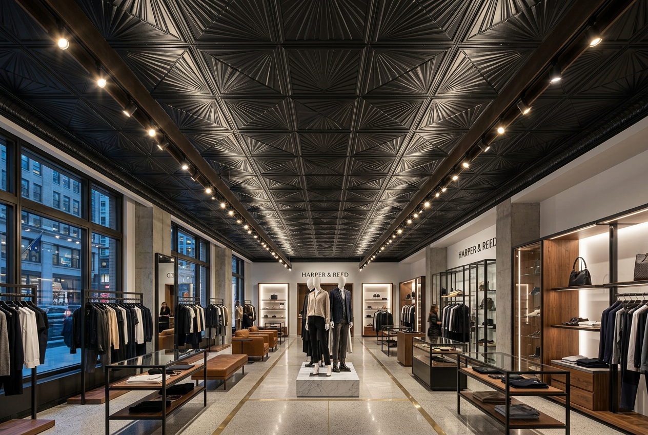Luxury clothing store interior with high ceilings and modern decor.