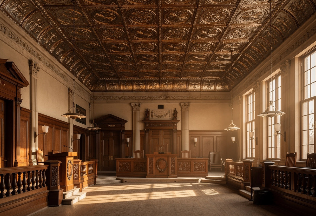 Grand hall with ornate ceiling and large windows in a classical building.