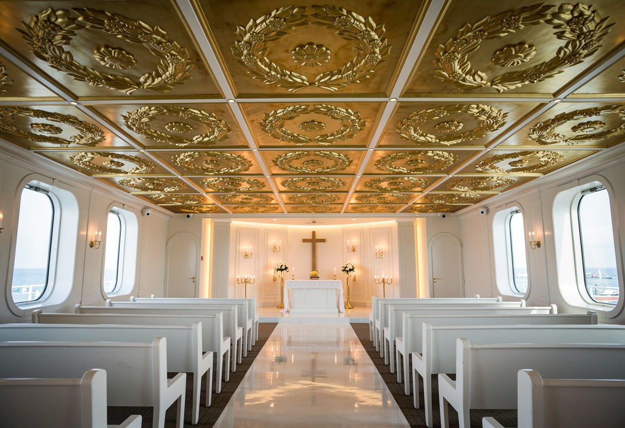 Nautical chapel interior with ornate ceiling and rows of pews.