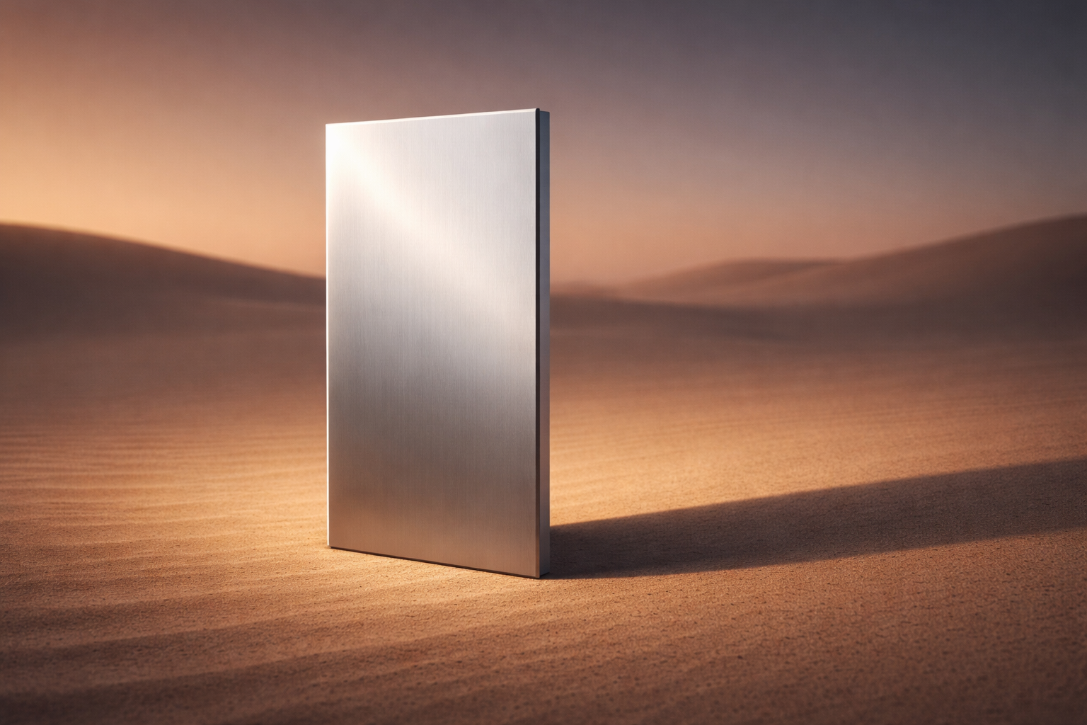 Metallic monolith in a desert landscape.