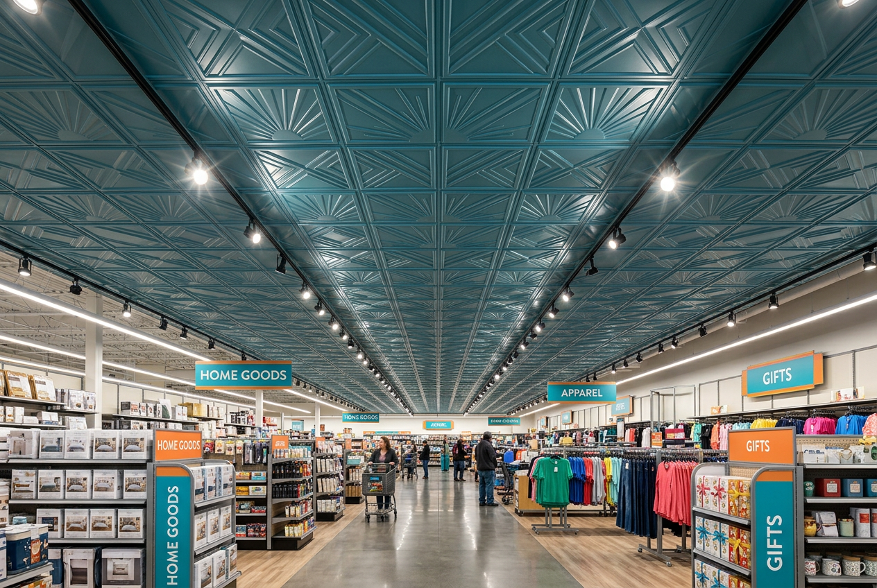Retail store Interior with decorated ceiling roof, various sections including home goods & gifts
