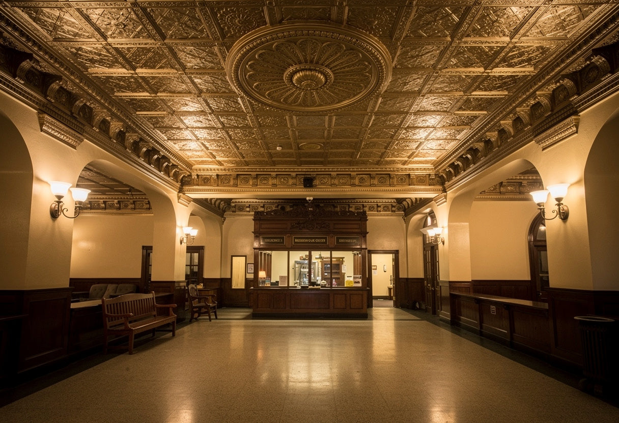 Grand interior of a building with ornate ceiling and marble floor.