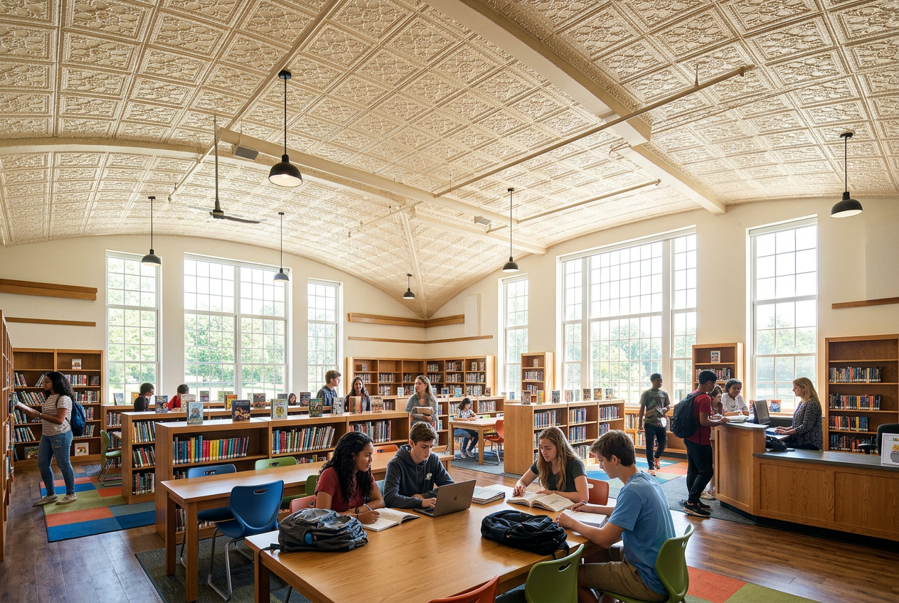 People studying in a large, well-lit library with high ceilings and large windows.