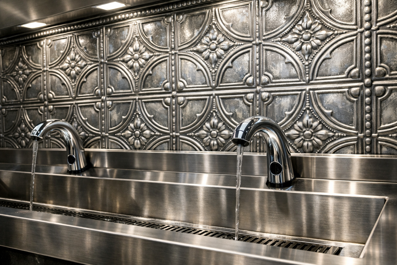 Stainless steel sink with dual faucet against a decorative metallic backsplash.
