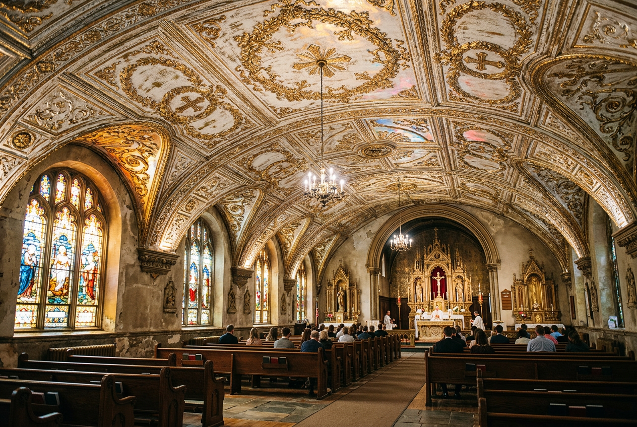 Ornate cathedral interior with stained glass windows and detailed ceiling.