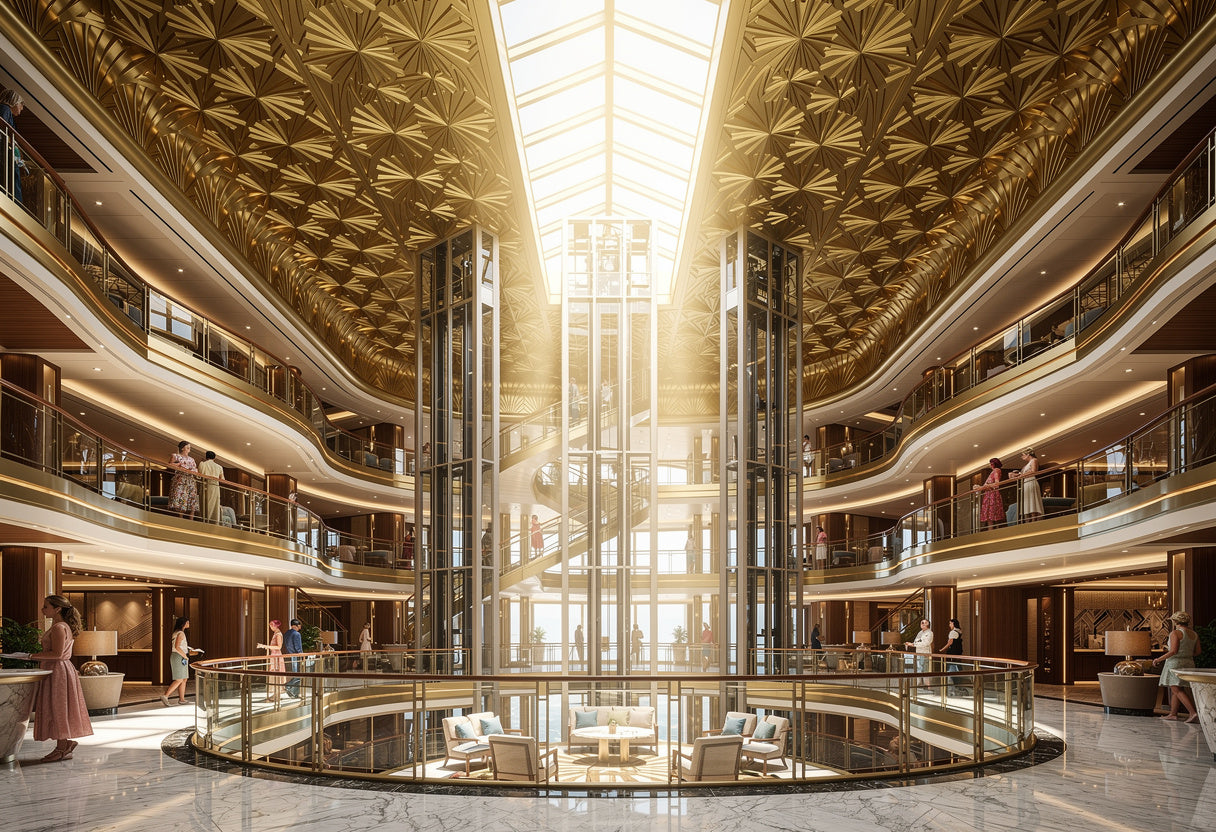 Luxurious interior of a modern building with high ceilings and glass elevators.