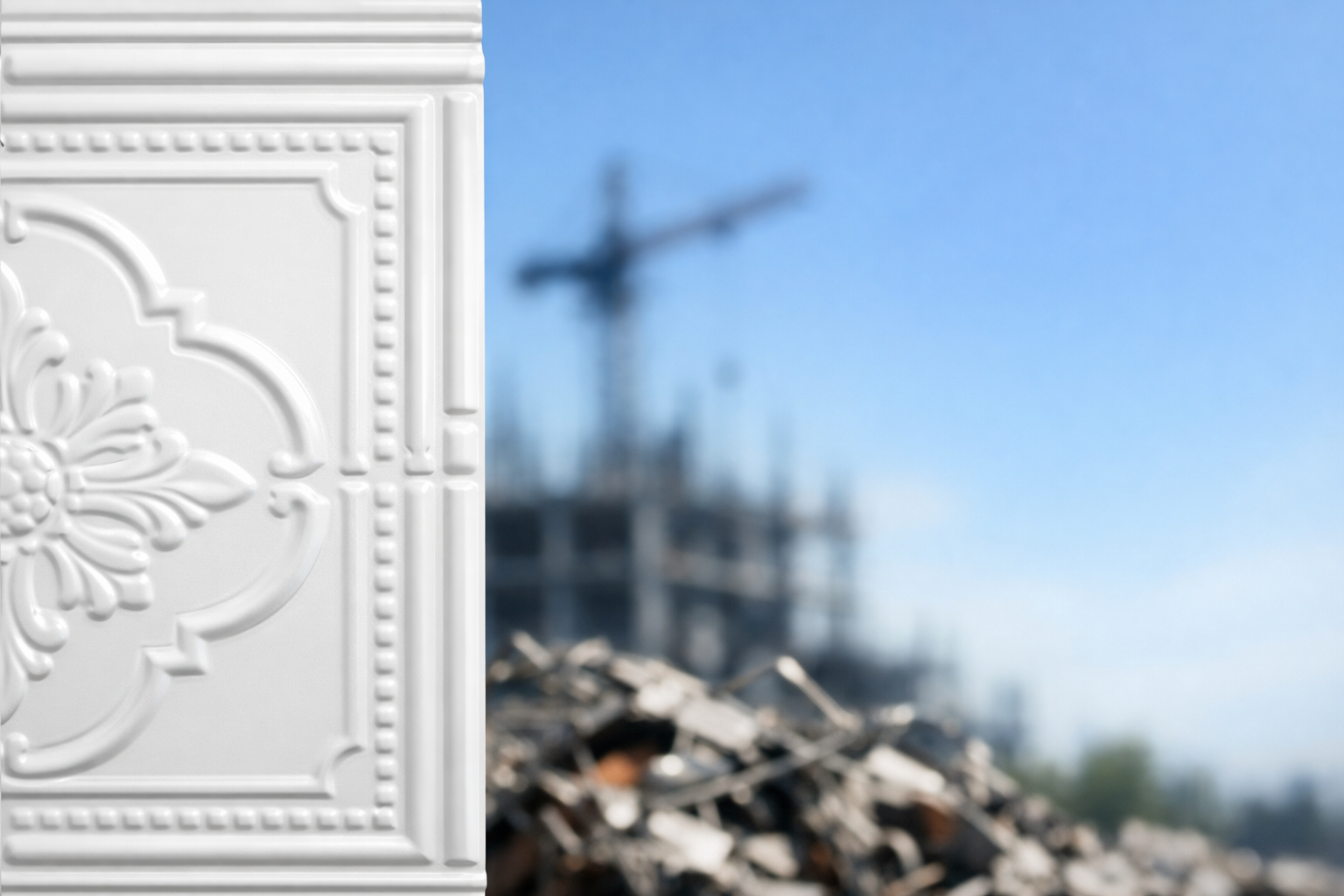 Decorative ceiling tile with a blurred construction site.