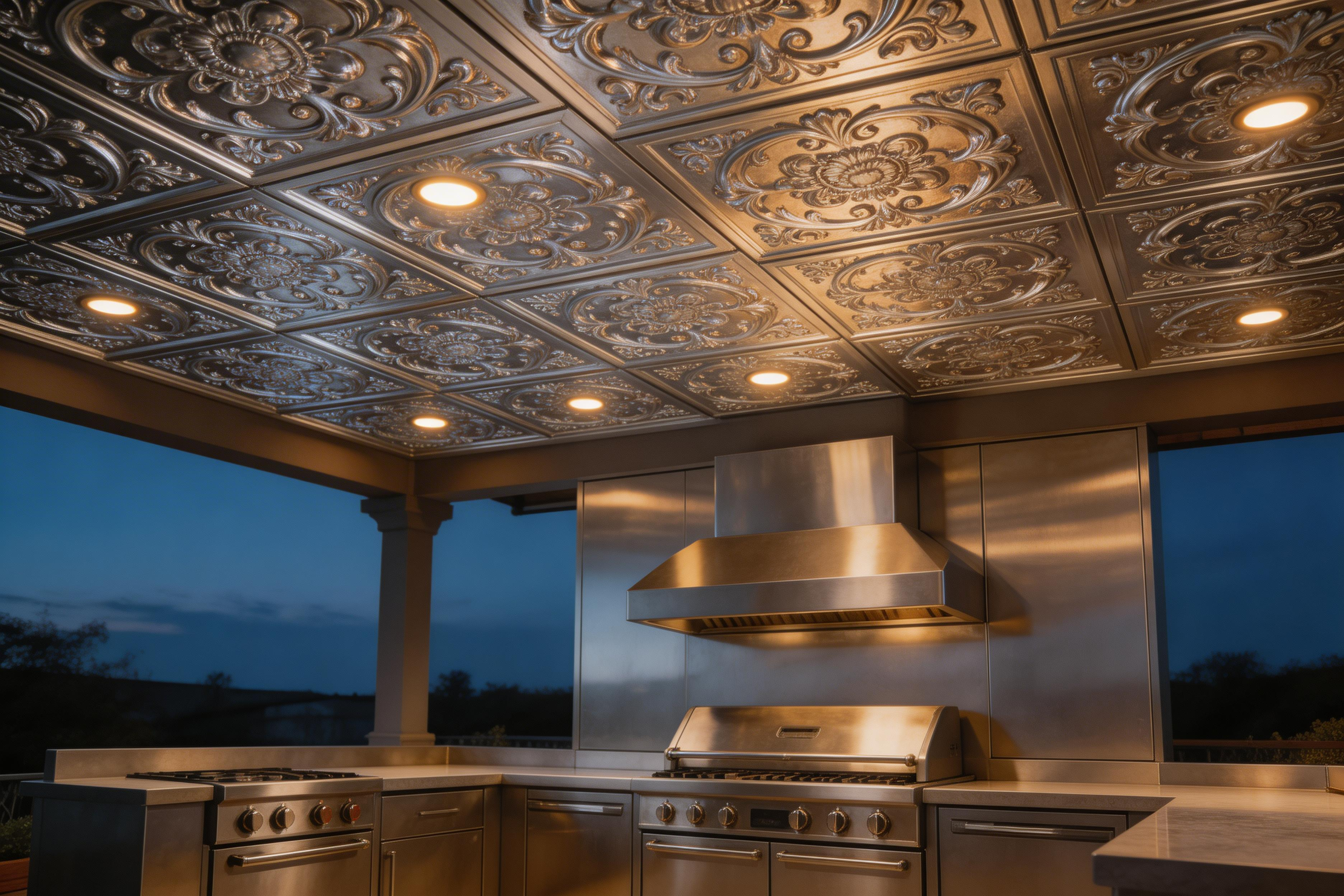 Stainless steel outdoor kitchen with decorative ceiling tiles