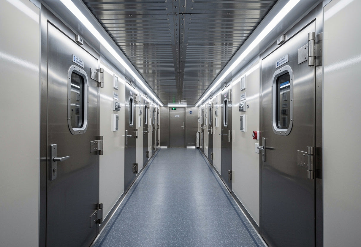 Long corridor with metallic doors in a sterile environment.