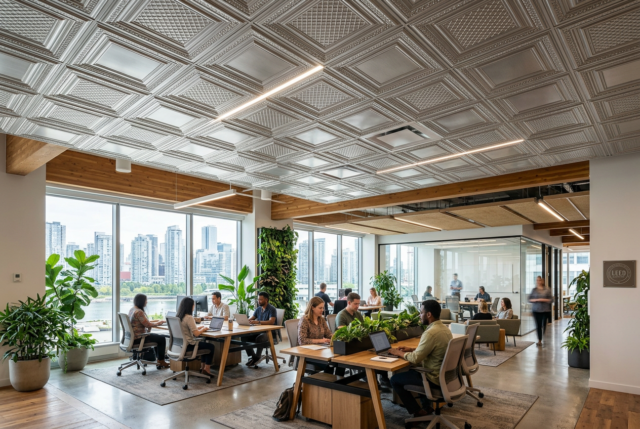 Modern office space with people working at desks, large windows, and a decorative ceiling.