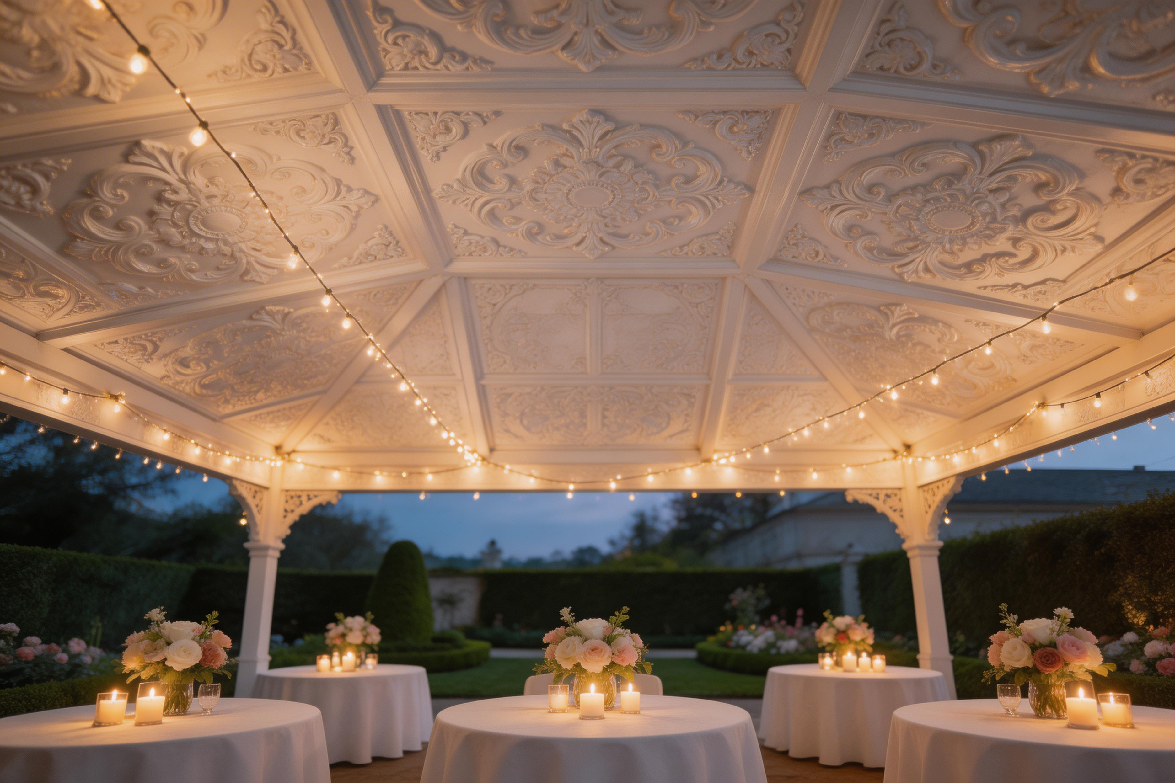 Decorative ceiling with string lights and tables set up outdoors.