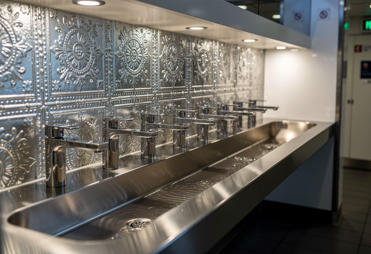 Metallic sink area with decorative backsplash in a commercial setting.
