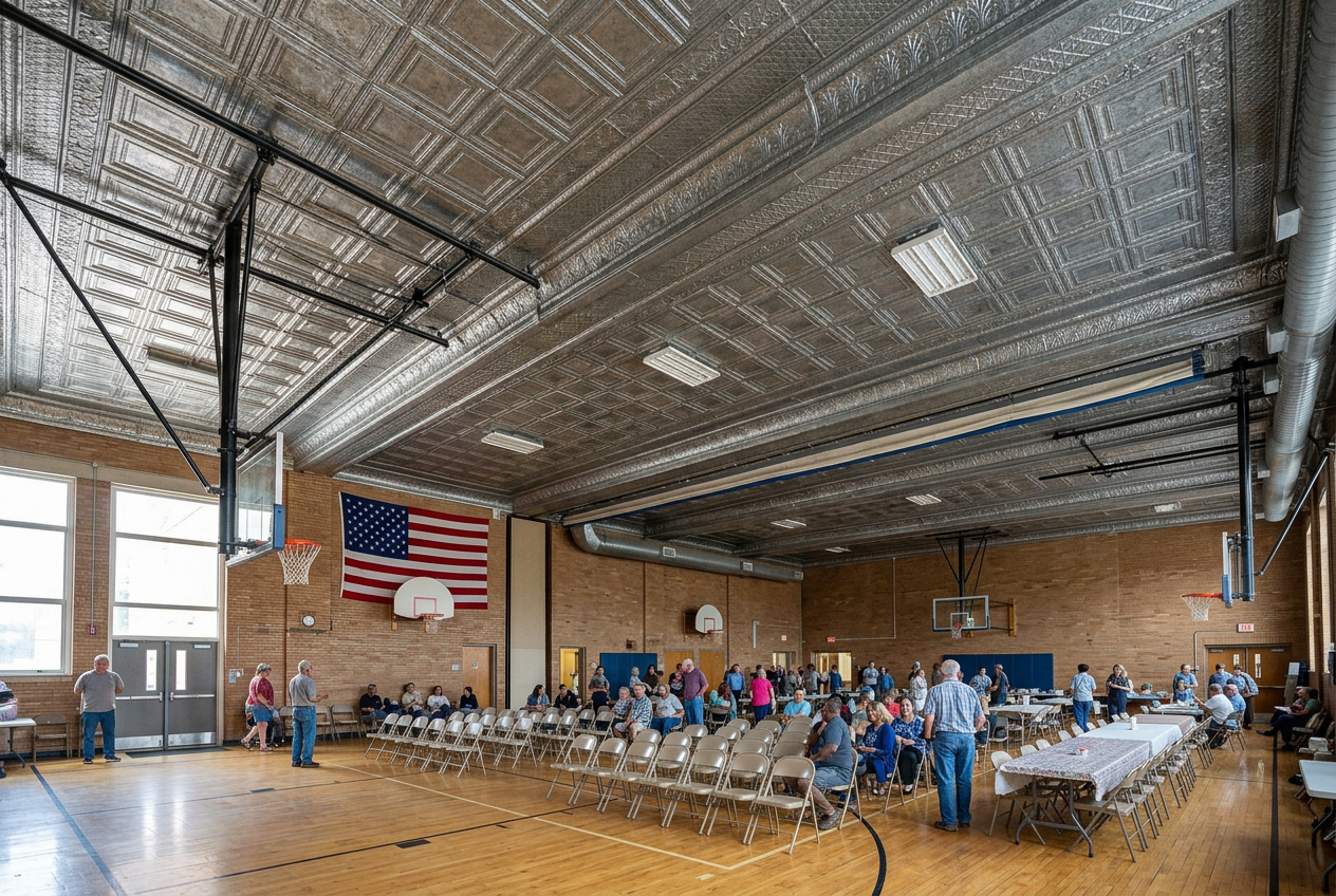 Large indoor gymnasium with decorated ceiling roof, people seated at tables and standing around