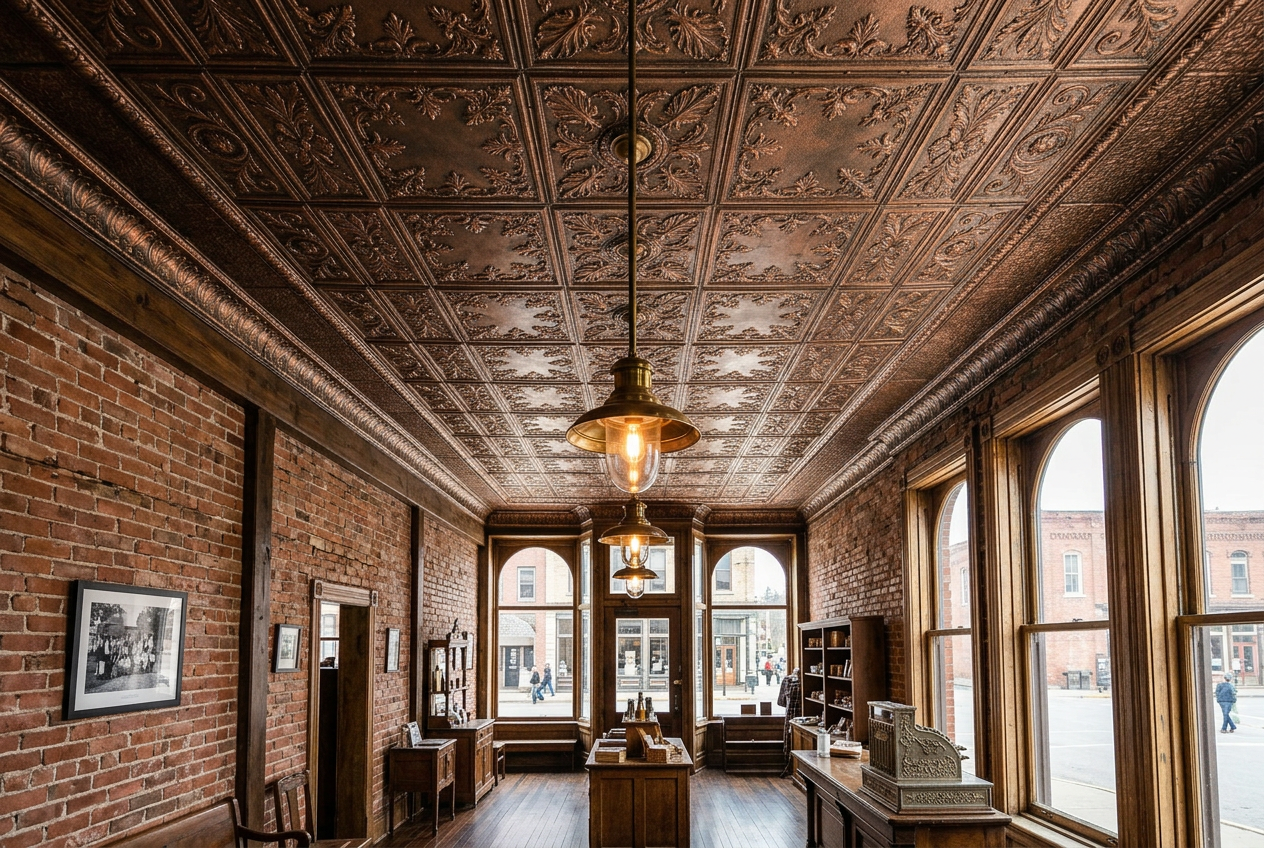 Vintage interior with ornate ceiling, brick walls, and large windows.
