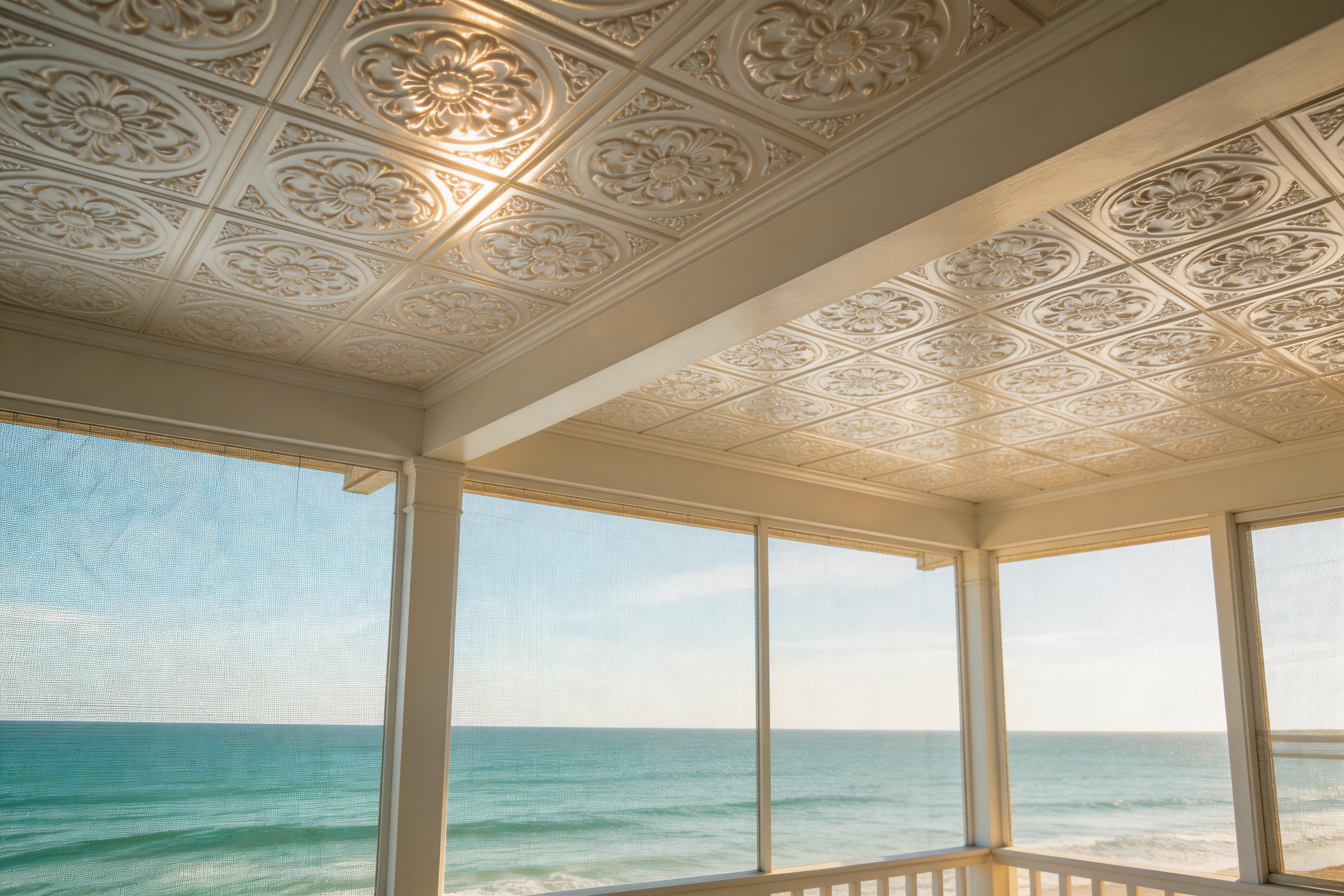 Ceiling with decorative tiles overlooking a beach view