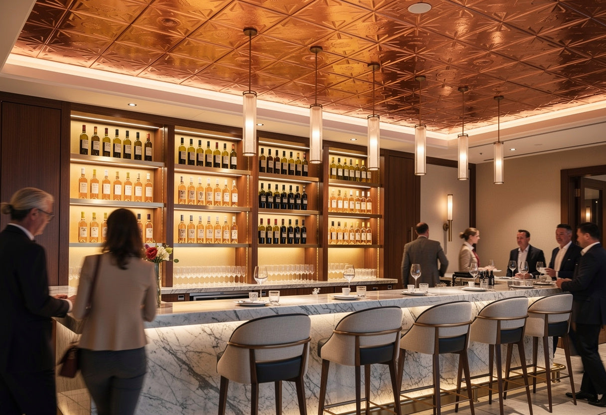 Luxury bar with wooden shelves, bottles, and marble counter.
