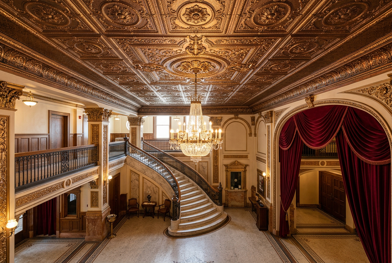 Grand staircase in an opulent building with ornate ceiling and red curtains.