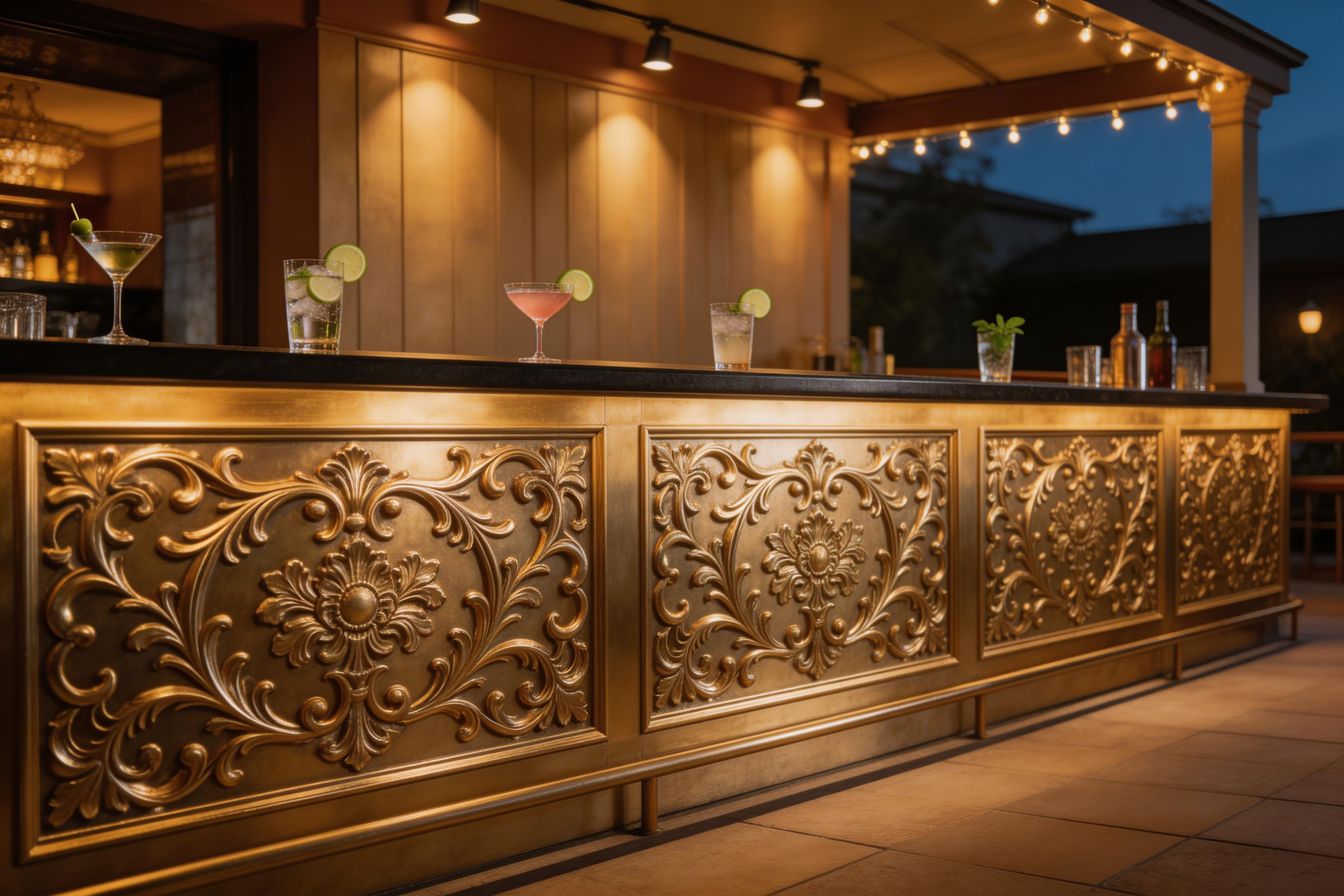 Decorative outdoor bar with ornate gold panels and evening lights.