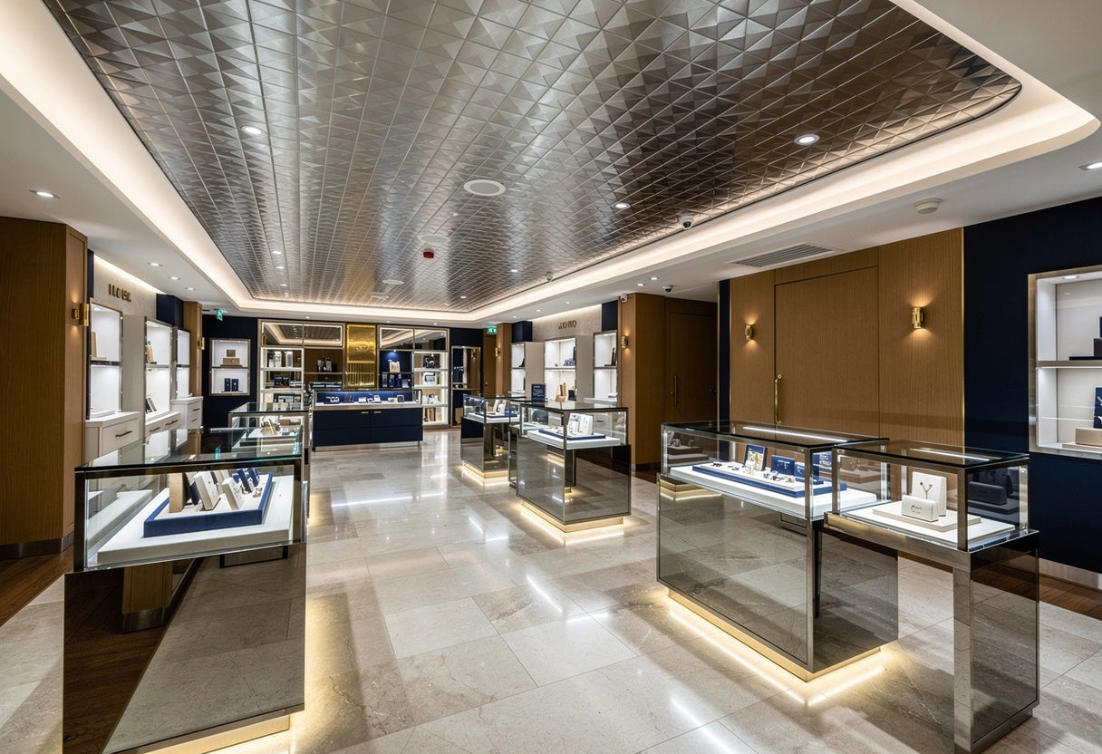 Luxury jewelry store interior with display cases and reflective floor.
