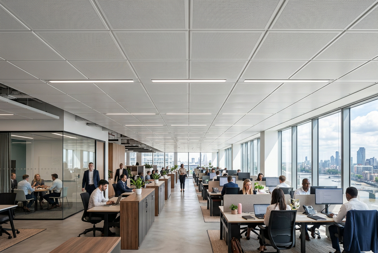 Modern office workspace with employees, cityscape windows and decorative ceiling roof