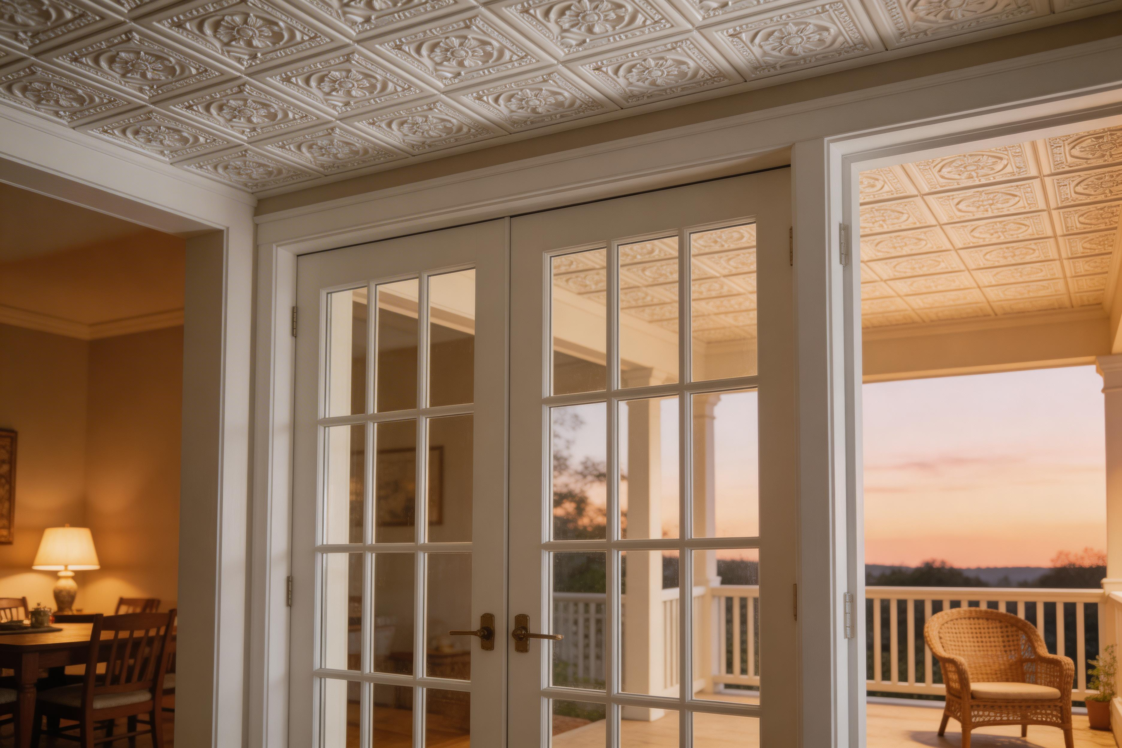French doors leading to a balcony with a sunset view, inside a home.