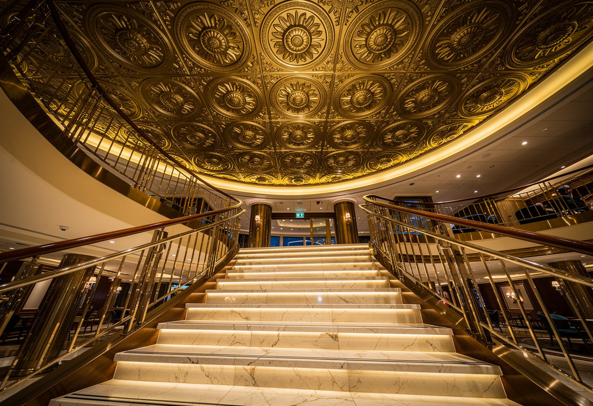 Luxurious staircase with ornate ceiling in a grand building.