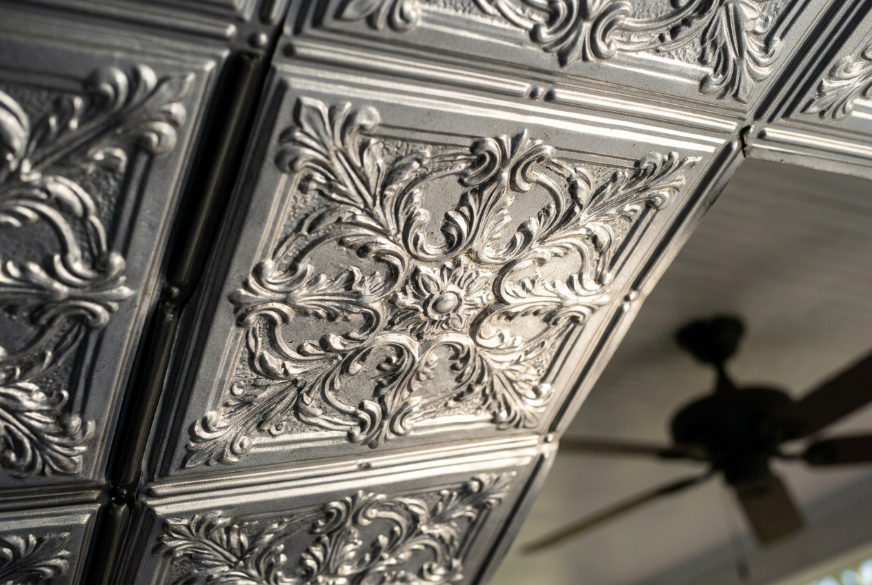 Decorative ceiling tiles with intricate patterns and a ceiling fan in the background.