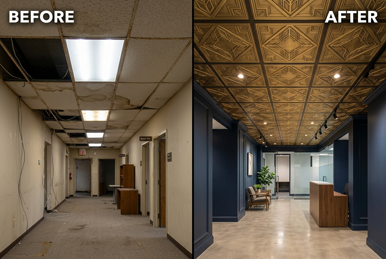 Before and after comparison of an office hallway with ceiling renovation.