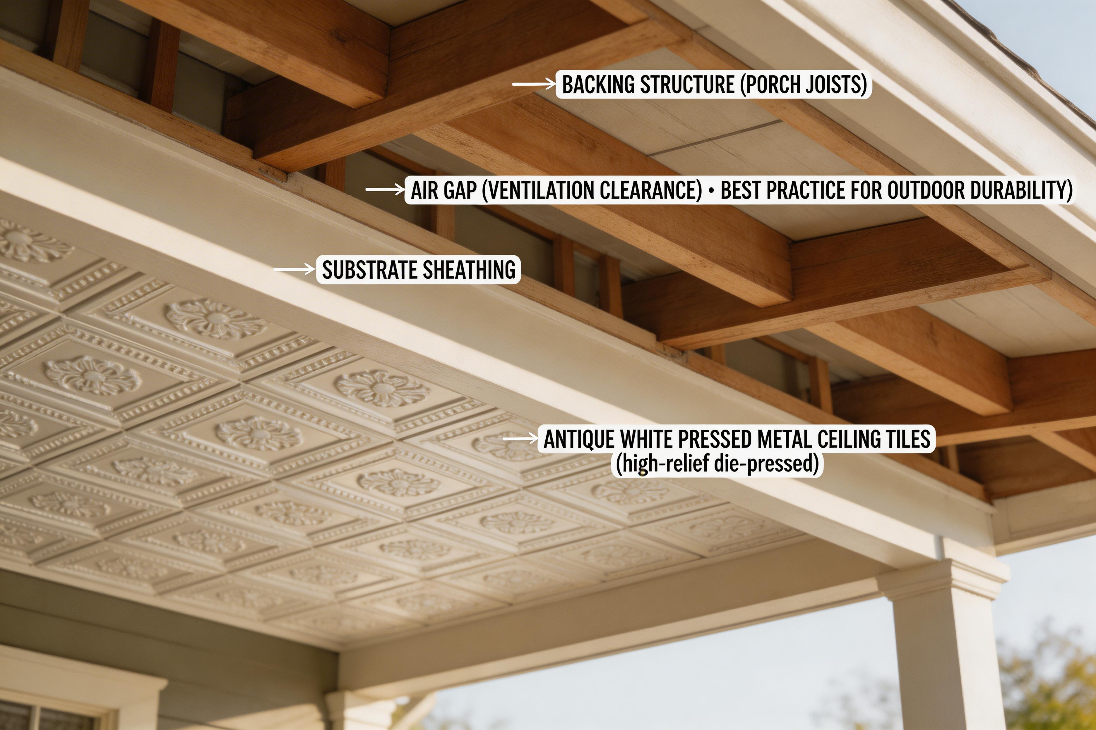Ceiling with pressed metal tiles and labeled components on a porch
